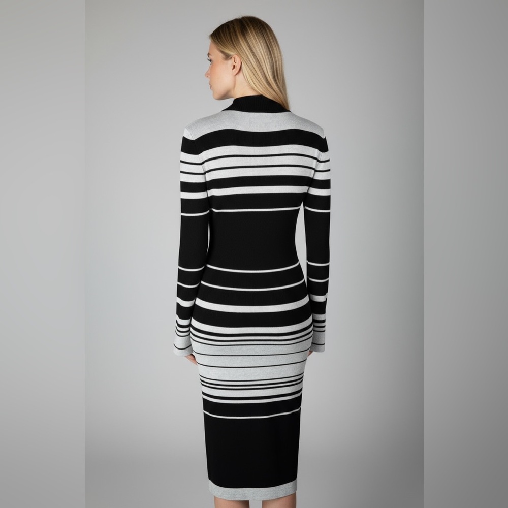 Love Always by FCT Black & Gray Striped Mock-Neck Sweater Midi Dress – Size XL - Picture 3 of 17